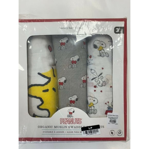 Pottery Barn Kids Other - Pottery Barn Kids Peanuts Hearts Organic Muslin Swaddle Set of 3
